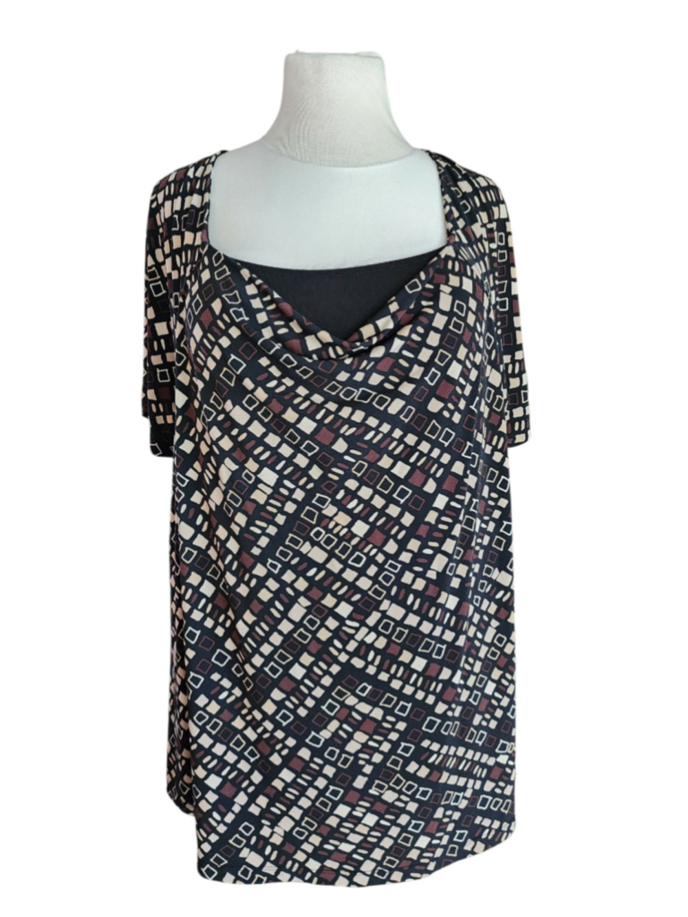 Plus Size 2X Geometric Cowl Neck Career Blouse Top 18W 20W Stretchy Black Brown